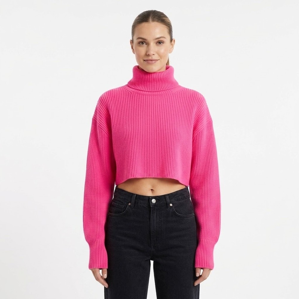 Altar'd State Cropped Turtleneck Sweater Womens L Pink Ribbed Knit Long Sleeve